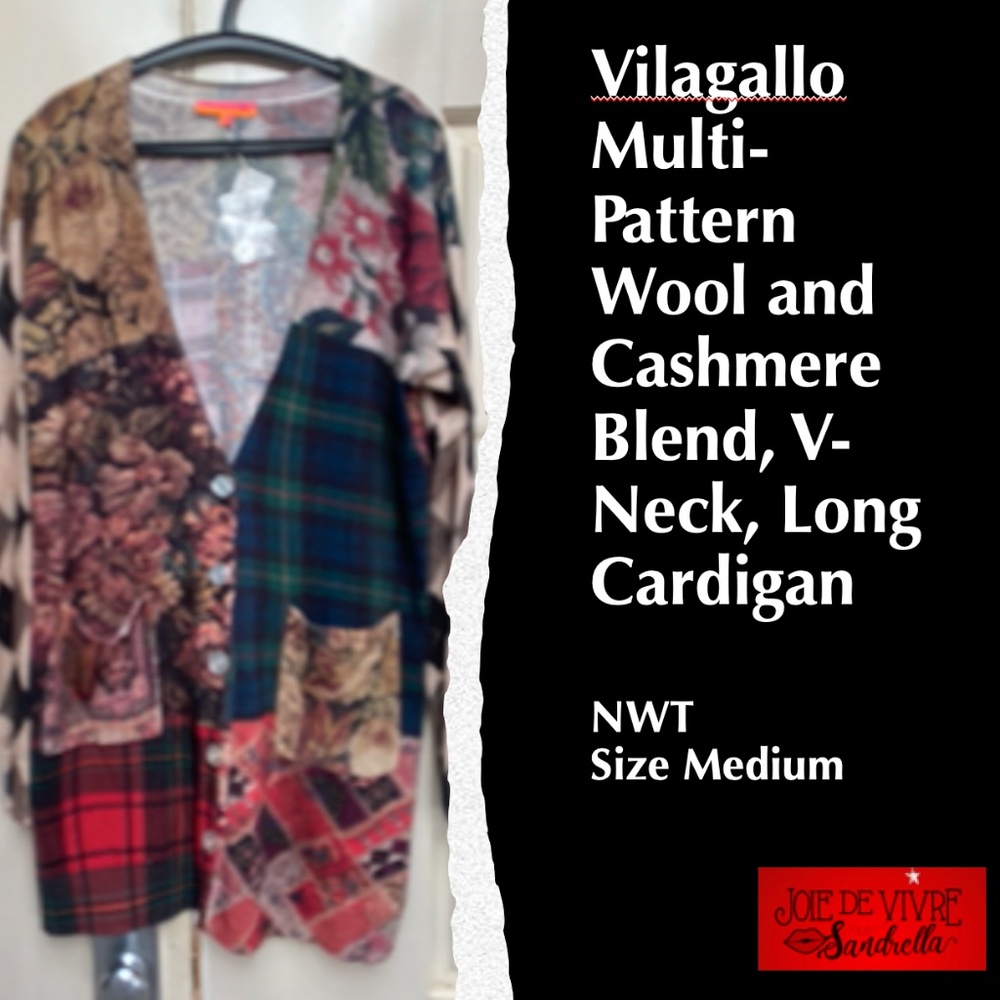 Vilagallo Multi-Pattern/Color Wool and Cashmere Blend Long Cardigan, Medium